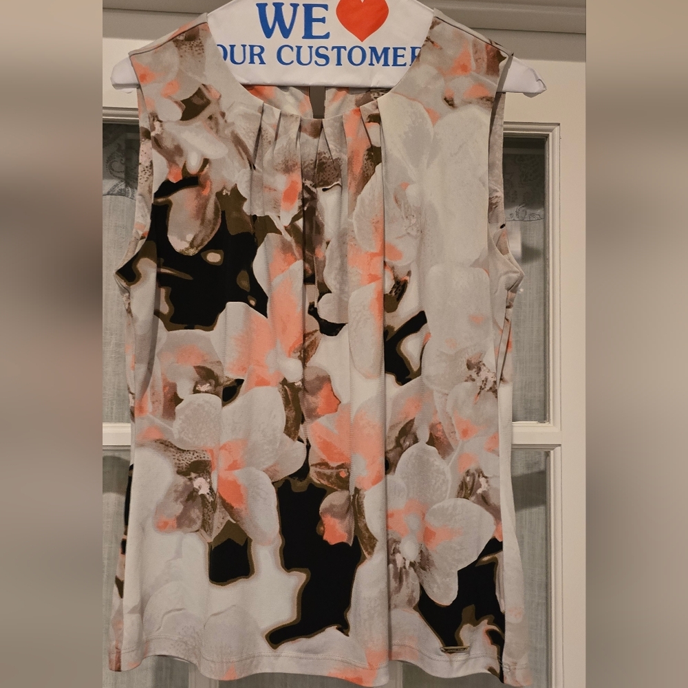 Calvin Klein Floral Print Sleeveless Blouse - Brown, Cream, Coral